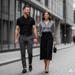 Ultra-realistic 8K editorial photo of a fashionable couple walking confidently through a sleek urban environment. The man wears a black shirt with grey trousers and black loafers, while the woman wears a grey blouse and black skirt with subtle jewelry. Minimalistic modern aesthetic with cool tones and stylish expressions.