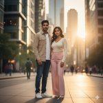Ultra-realistic 8K cinematic photograph of a young Indian couple standing together on a modern city street at golden hour, both facing the camera with soft natural smiles. The man wears a beige overshirt and jeans, while the woman wears a pastel top and trousers, framed by glass buildings and warm sunlight for an elegant editorial fashion look.