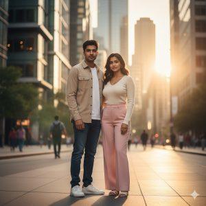 Ultra-realistic 8K cinematic photograph of a young Indian couple standing together on a modern city street at golden hour, both facing the camera with soft natural smiles. The man wears a beige overshirt and jeans, while the woman wears a pastel top and trousers, framed by glass buildings and warm sunlight for an elegant editorial fashion look.