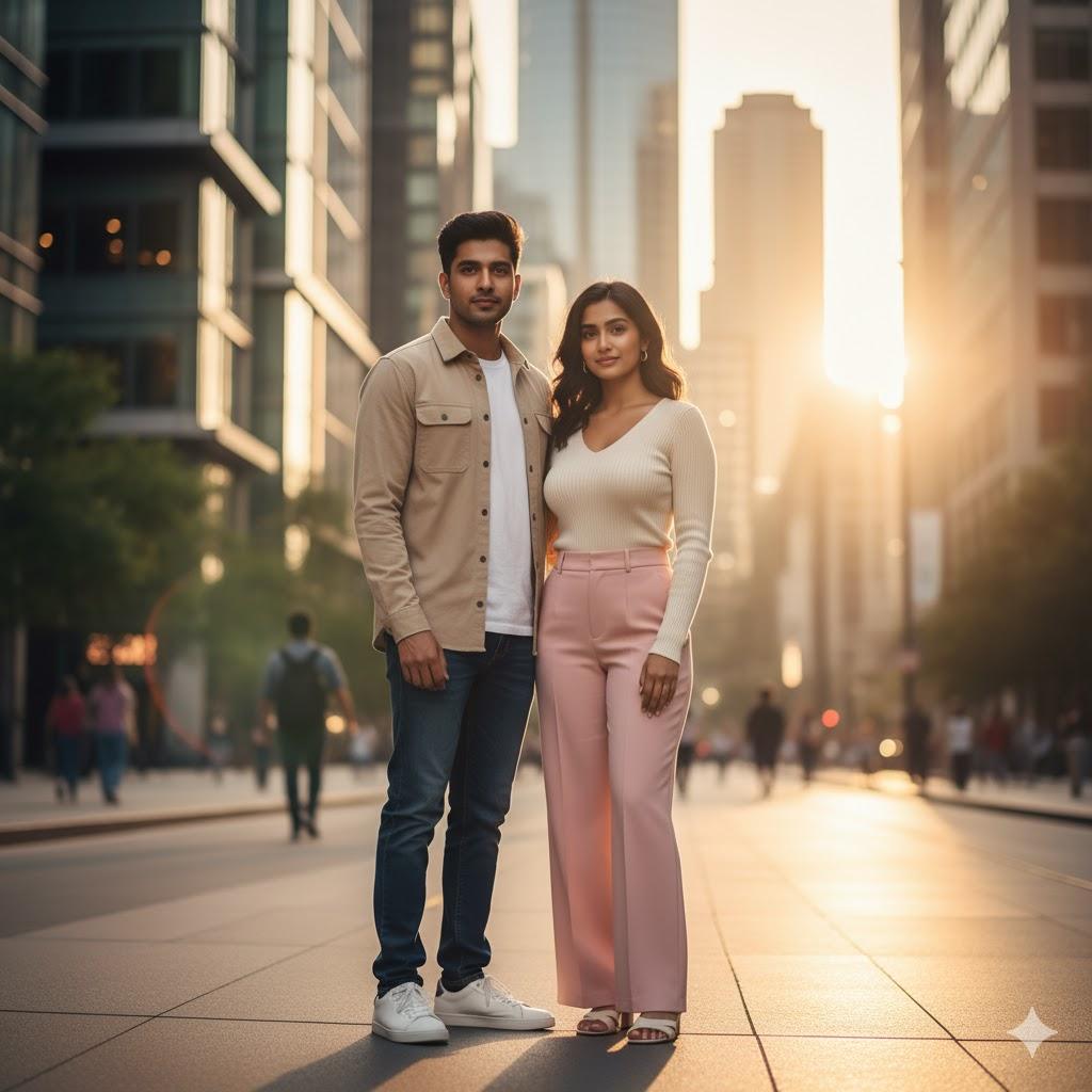 Ultra-realistic 8K cinematic photograph of a young Indian couple standing together on a modern city street at golden hour, both facing the camera with soft natural smiles. The man wears a beige overshirt and jeans, while the woman wears a pastel top and trousers, framed by glass buildings and warm sunlight for an elegant editorial fashion look.