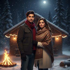 Ultra-realistic 8K cinematic photograph of a young Indian couple standing together in front of a wooden cabin at night in Kashmir, facing the camera with lifelike facial details illuminated by a warm bonfire glow and falling snow.