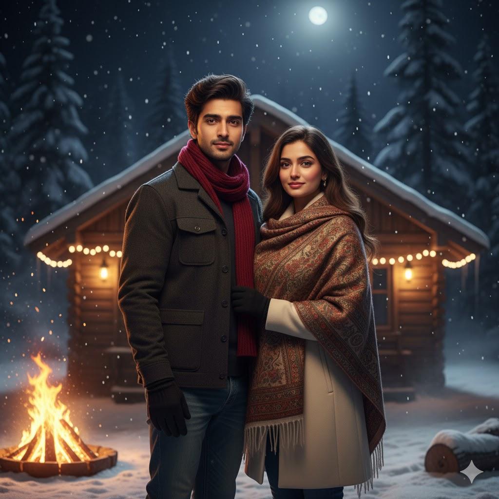 Ultra-realistic 8K cinematic photograph of a young Indian couple standing together in front of a wooden cabin at night in Kashmir, facing the camera with lifelike facial details illuminated by a warm bonfire glow and falling snow.