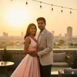 Ultra-realistic cinematic image of a young Indian couple standing close together on a rooftop lounge during sunset, facing the camera with gentle smiles. The woman wears a satin dress, and the man wears a casual blazer, illuminated by soft warm lighting that creates an elegant romantic mood.