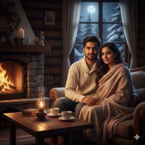 Ultra-realistic 8K cinematic photograph of a young Indian couple sitting together inside a warm wooden cabin in Kashmir, facing the camera with lifelike expressions illuminated by a glowing fireplace and soft ambient light.