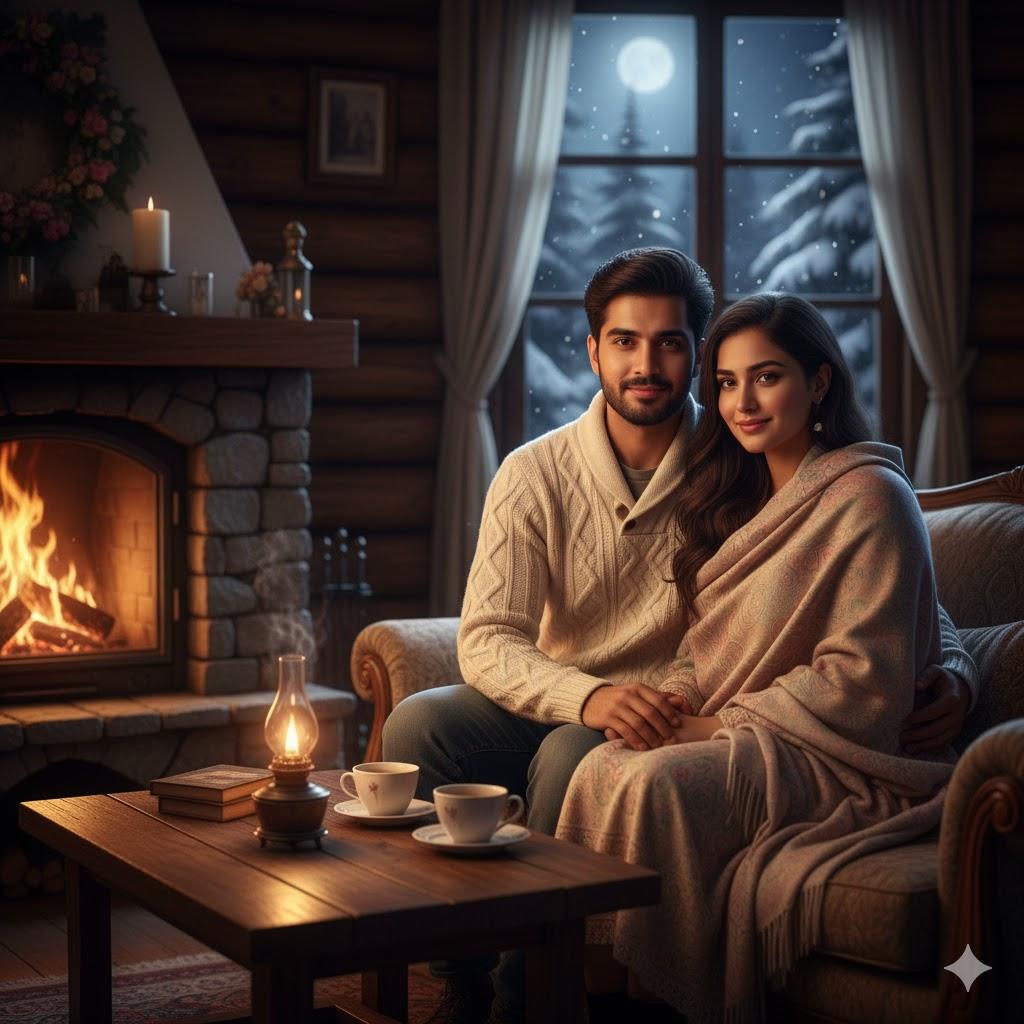 Ultra-realistic 8K cinematic photograph of a young Indian couple sitting together inside a warm wooden cabin in Kashmir, facing the camera with lifelike expressions illuminated by a glowing fireplace and soft ambient light.