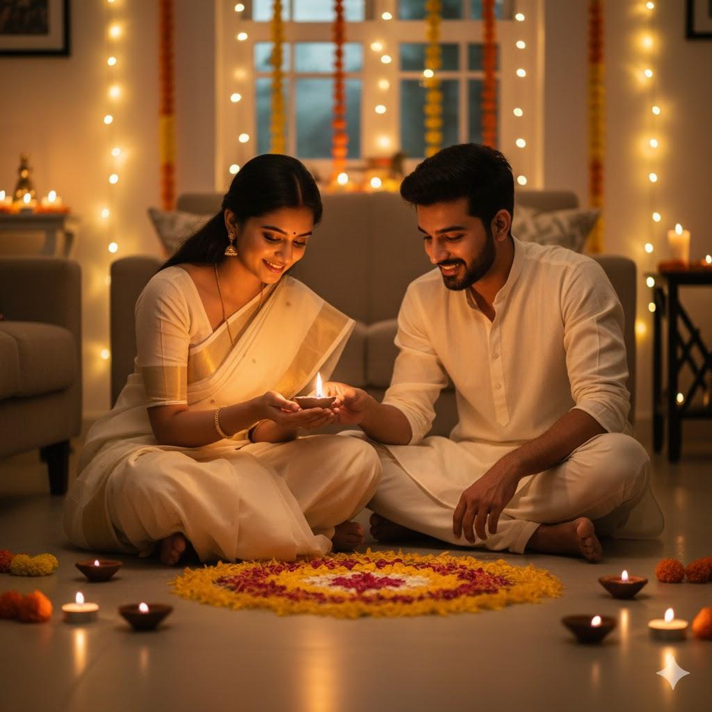 An Indian couple sitting on the floor of their living room decorated with colorful rangoli and glowing fairy lights. The woman, dressed in elegant traditional clothes, lights a diya while the man helps her arrange flowers. The soft warm glow and candid expressions create a natural, realistic festive Diwali atmosphere.