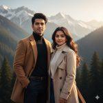 Ultra-realistic 8K cinematic photograph of a modern Indian couple standing together in the valleys of Jammu and Kashmir. The man wears a camel-brown overcoat and black turtleneck, while the woman wears a pastel beige trench coat. Both face the camera with warm smiles under golden evening sunlight, surrounded by snow-capped mountains and pine trees, captured in lifelike cinematic realism.