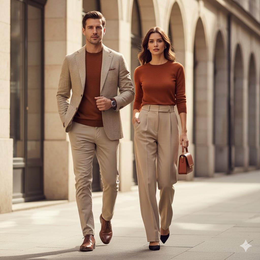 A stylish couple walking confidently on a modern European street, wearing coordinated beige and rust outfits — the man in a beige blazer, rust-brown sweater, slim-fit trousers, and brown leather shoes, and the woman in a rust top, high-waisted beige pants, and black heels — captured in soft daylight with elegant architecture in the background, high-fashion editorial photography style.