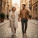 Ultra-realistic 8K cinematic portrait of a young stylish couple walking hand-in-hand on a European city street during golden hour, wearing matching neutral-toned outfits, smiling naturally under warm sunlight, captured with shallow depth of field for an elegant editorial fashion look.