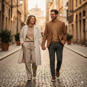 Ultra-realistic 8K cinematic portrait of a young stylish couple walking hand-in-hand on a European city street during golden hour, wearing matching neutral-toned outfits, smiling naturally under warm sunlight, captured with shallow depth of field for an elegant editorial fashion look.