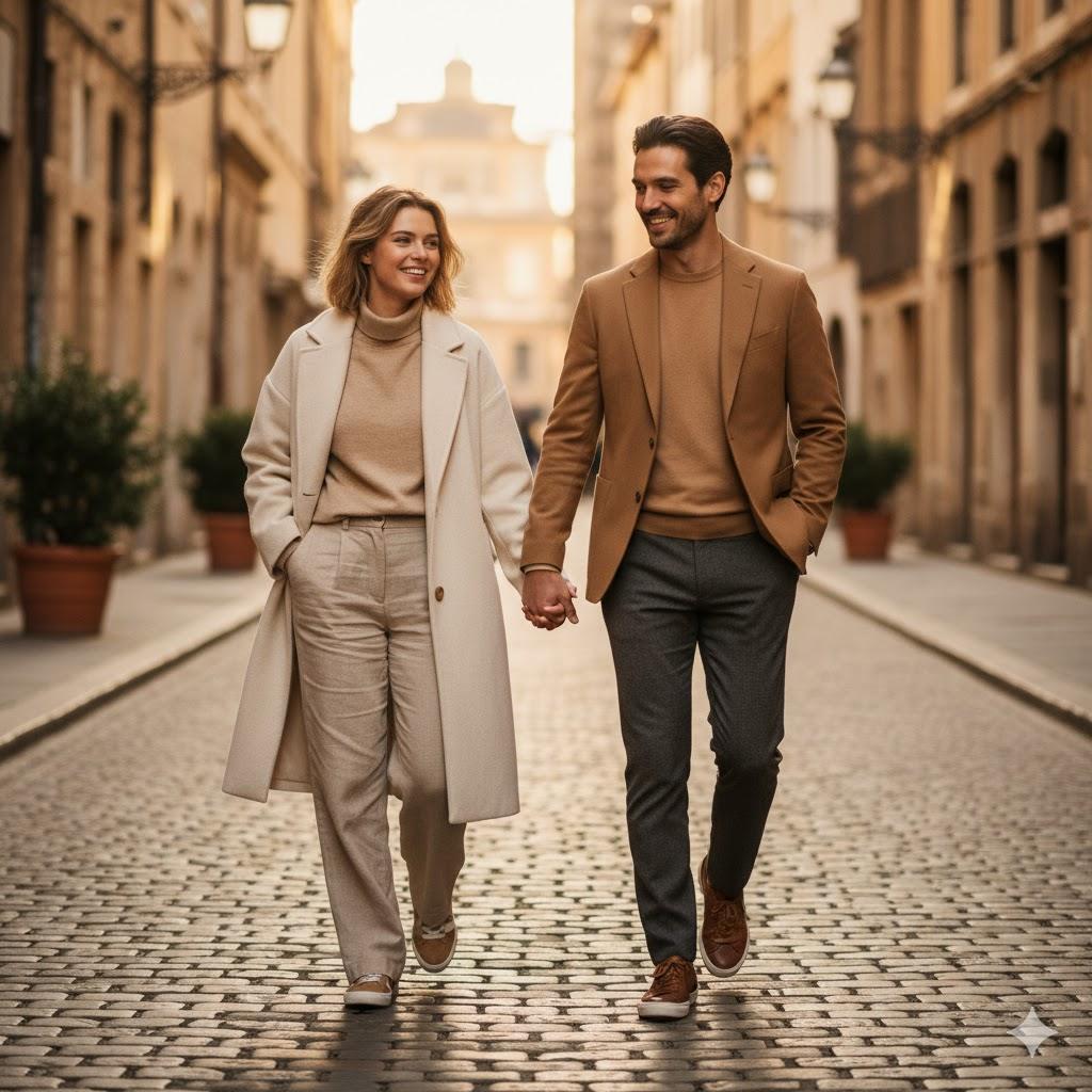 Ultra-realistic 8K cinematic portrait of a young stylish couple walking hand-in-hand on a European city street during golden hour, wearing matching neutral-toned outfits, smiling naturally under warm sunlight, captured with shallow depth of field for an elegant editorial fashion look.