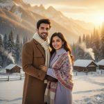 Ultra-realistic 8K cinematic photograph of a young Indian couple standing close together in the snowy mountains of Kashmir at sunset, wearing elegant winter outfits with visible breath and soft falling snow.