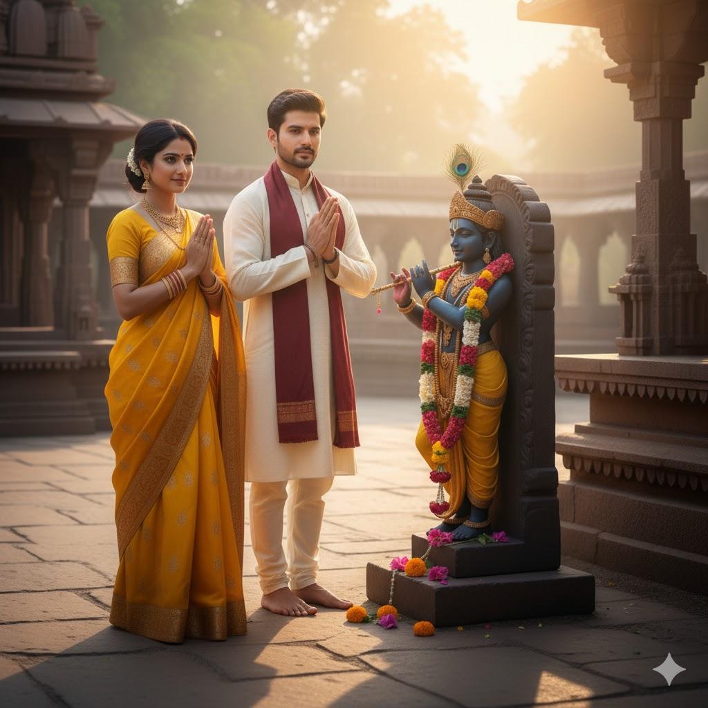 "Ultra-realistic 8K cinematic photograph of a young Indian couple standing barefoot in front of a large stone Lord Krishna murti in a temple courtyard. The man wears a light beige kurta with maroon angavastram, the woman wears a deep orange saree with gold embroidery. Krishna murti has blue skin, yellow dhoti, peacock feather crown, gold ornaments, holding a flute, decorated with fresh garlands. Morning sunlight streams through temple pillars, casting warm shadows and highlighting the couple and murti, creating a calm and devotional atmosphere."