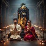 "Ultra-realistic 8K photograph of a young Indian couple kneeling in front of a stone Lord Krishna murti inside a temple hall during evening aarti. Man wears cream kurta-pajama, woman wears bright maroon saree with golden embroidery. Krishna murti has blue skin, yellow dhoti, peacock feather crown, gold ornaments, holding a flute. Warm oil lamps illuminate the scene, casting golden reflections and realistic shadows, creating a serene devotional atmosphere."