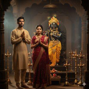 "Ultra-realistic 8K cinematic photograph of a young Indian couple standing side by side in front of a stone Lord Krishna murti inside a temple hall during evening aarti. The man wears beige kurta-pajama, the woman a maroon saree with gold embroidery. Both faces fully front-facing, calm and focused, hands folded in prayer. Krishna murti has blue skin, yellow dhoti, peacock feather crown, gold ornaments, and holds a flute. Warm oil lamps illuminate the scene, casting golden highlights and realistic shadows, creating a serene devotional atmosphere."