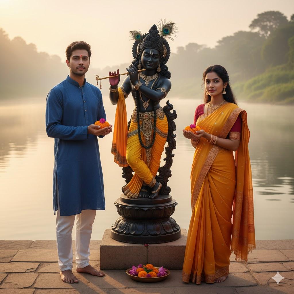 "Ultra-realistic 8K photograph of a young Indian couple offering flowers to a large stone Lord Krishna murti on a serene riverbank. Man wears royal blue kurta with white pajama, woman wears saffron saree with gold embroidery. Krishna murti with blue skin, yellow dhoti, peacock feather crown, and flute. Morning mist rises from the river with sunlight reflecting on water and murti, creating a peaceful, spiritual atmosphere."
