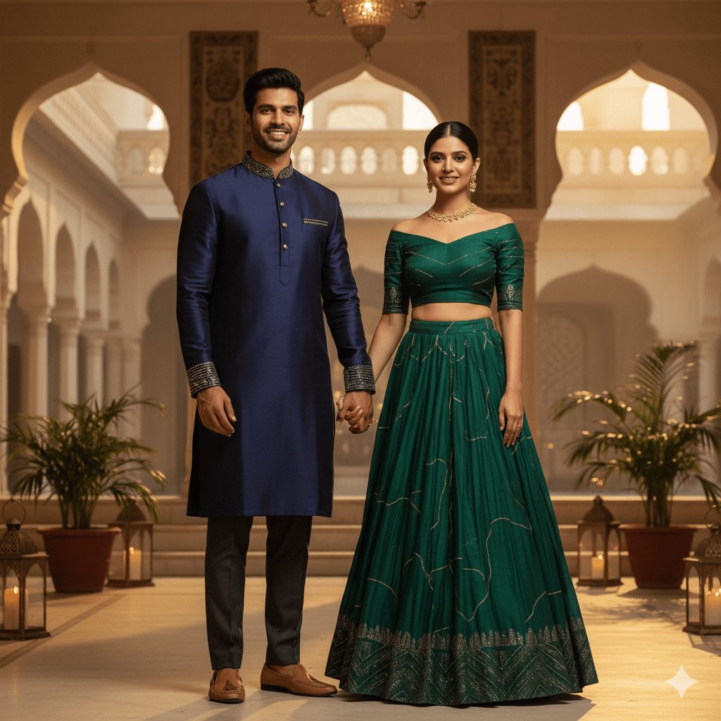 A stylish couple standing side by side, blending modern and traditional fashion. The man wears a tailored kurta with slim-fit trousers and loafers, while the woman dons a contemporary saree with minimalistic jewelry. They smile confidently against a softly lit indoor backdrop, exuding elegance and cultural charm.