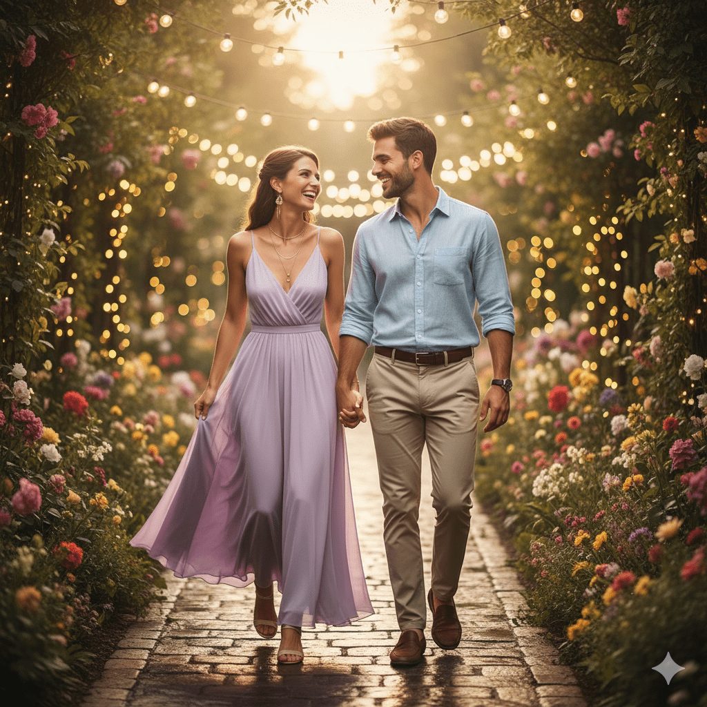 "A stylish young couple at an outdoor garden party during golden hour, wearing modern casual-chic outfits. The girl is in a flowy pastel maxi dress with subtle accessories, and the boy is in a smart casual shirt with fitted trousers. They are laughing and walking together on a cobblestone path surrounded by fairy lights, flowers, and greenery. Shot in warm, cinematic lighting with a soft, dreamy photography style, realistic details."