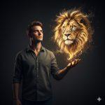 A confident young man stands in a softly lit dark room, looking upward with determination. A radiant lion’s head, formed from golden light and ethereal smoke, hovers above his open palm, casting a warm, magical glow on his face. The scene, set against a minimal dark background, exudes strength, courage, and inner power with hyper-realistic textures and cinematic lighting.