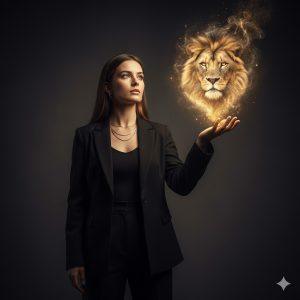 Confident young woman in modern stylish clothing holding a radiant golden lion’s head made of light and ethereal smoke above her palm, glowing softly in a dark, cinematic room, symbolizing strength, courage, and inner power, ultra-detailed fantasy realism 8K.