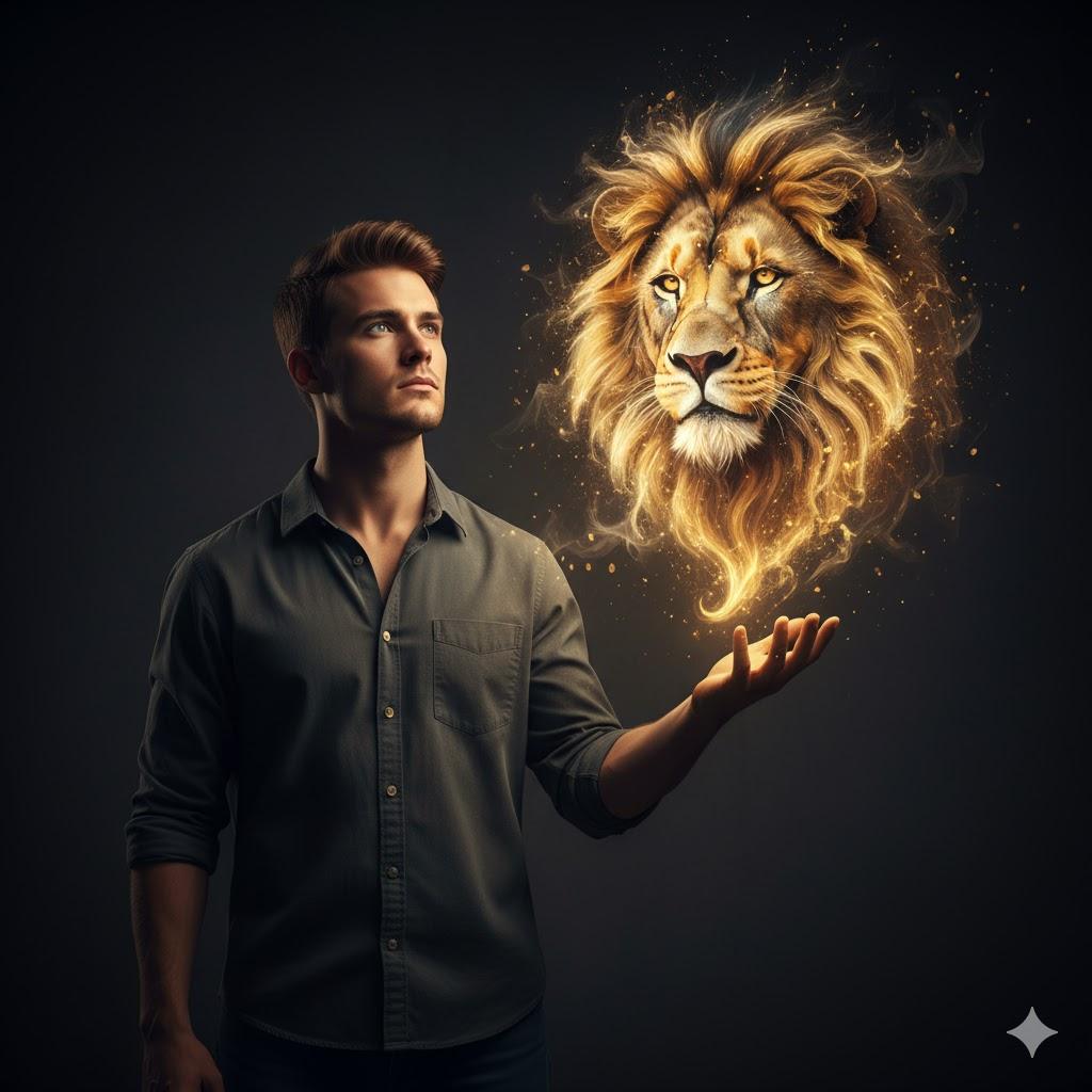 A confident young man stands in a softly lit dark room, looking upward with determination. A radiant lion’s head, formed from golden light and ethereal smoke, hovers above his open palm, casting a warm, magical glow on his face. The scene, set against a minimal dark background, exudes strength, courage, and inner power with hyper-realistic textures and cinematic lighting.