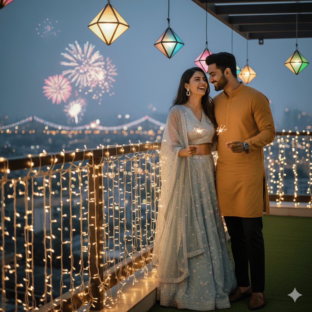 A stylish young couple celebrates Diwali on a modern rooftop adorned with fairy lights and LED lanterns. The woman wears a pastel lehenga with minimal embroidery and chic jewelry, while the man sports a smart casual kurta with tailored pants. They laugh, holding sparklers, with a subtle cityscape and distant fireworks in the background, illuminated by warm, cinematic lighting.