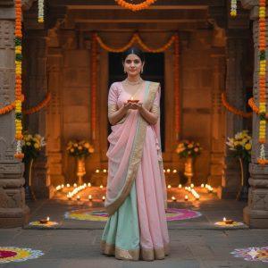 A beautiful young Indian woman wearing a simple pastel lehenga with golden borders, standing in a temple courtyard decorated with lamps and flowers, holding a glowing diya in her hands, with soft warm light illuminating her calm and spiritual face, captured in realistic natural photography.