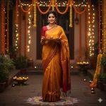 A young Indian woman wearing a traditional mustard yellow and red saree stands gracefully in a flower-decorated courtyard filled with lamps, holding a brass plate of glowing diyas in her hands. The soft evening light and warm festive glow create an elegant and realistic Diwali atmosphere.