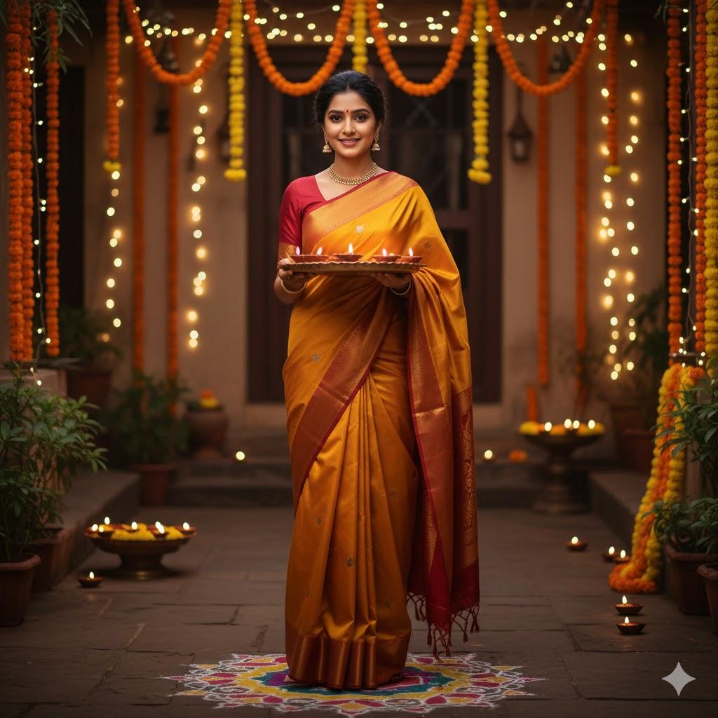 A young Indian woman wearing a traditional mustard yellow and red saree stands gracefully in a flower-decorated courtyard filled with lamps, holding a brass plate of glowing diyas in her hands. The soft evening light and warm festive glow create an elegant and realistic Diwali atmosphere.
