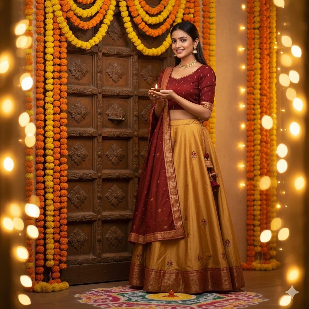 A beautiful young Indian woman wearing a traditional red and cream lehenga choli, adorned with light gold jewelry, holding a glowing diya near a doorway decorated with marigold flowers and colorful rangoli, surrounded by warm Diwali lights and a soft golden glow.