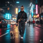 "Stylish teenage girl walking her French Bulldog on a bustling city street at night, wearing casual streetwear, sneakers, and sunglasses. Neon lights reflect on wet pavement, creating a cinematic urban vibe."
