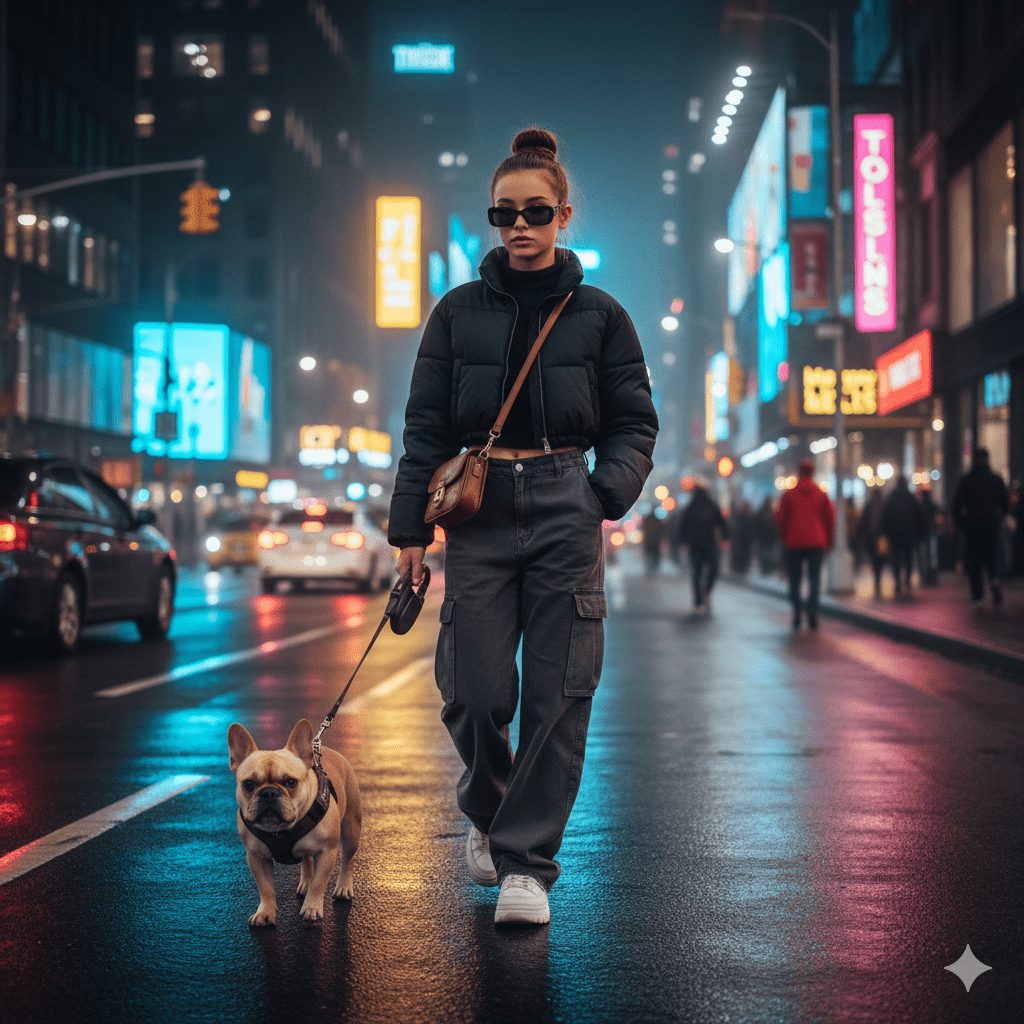 "Stylish teenage girl walking her French Bulldog on a bustling city street at night, wearing casual streetwear, sneakers, and sunglasses. Neon lights reflect on wet pavement, creating a cinematic urban vibe."