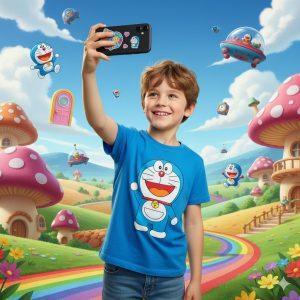A realistic young boy holding an iPhone, taking a selfie in a colorful, Doraemon-inspired fantasy world with floating robots, futuristic gadgets, and whimsical cartoon landscapes. Vibrant, playful, and photorealistic.
