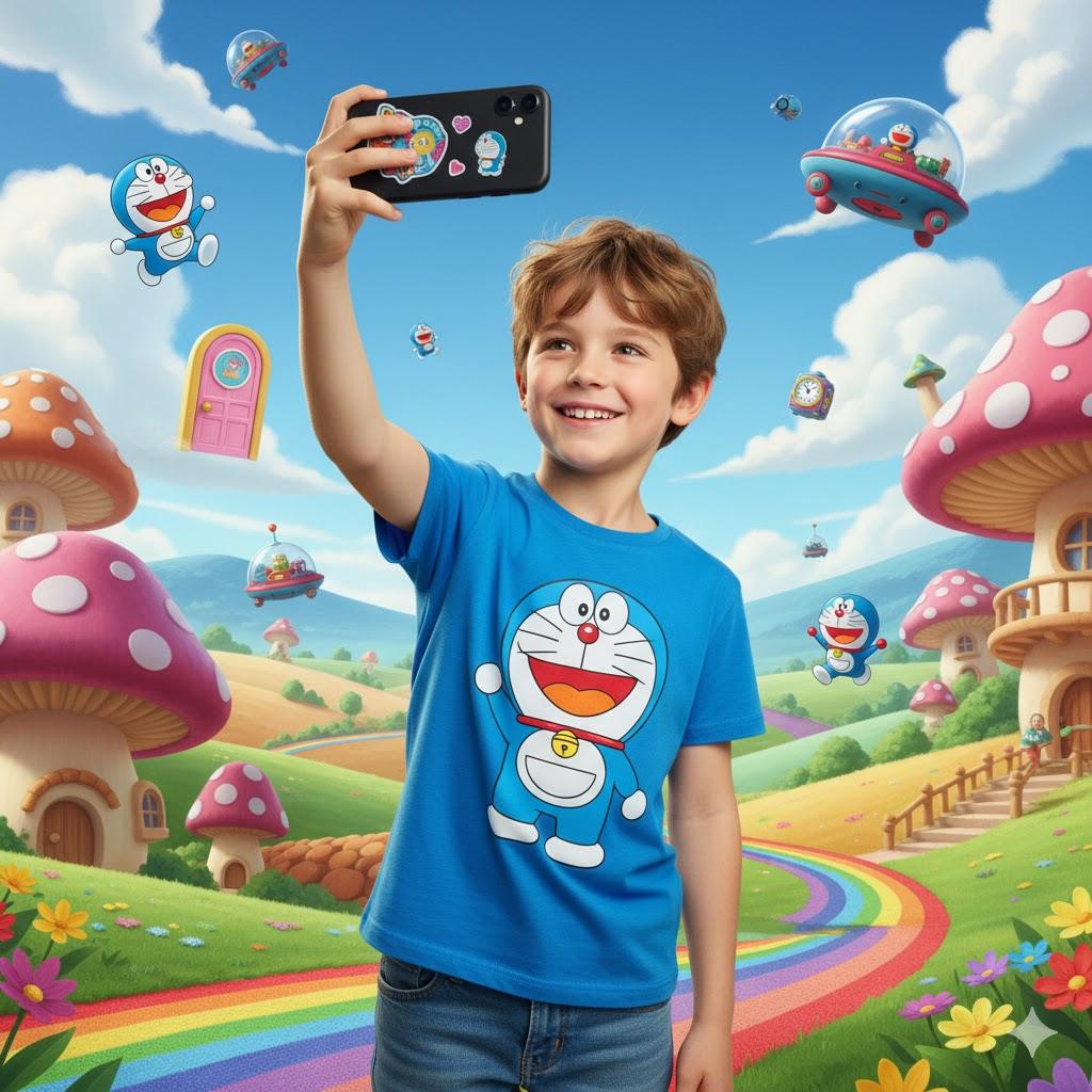 A realistic young boy holding an iPhone, taking a selfie in a colorful, Doraemon-inspired fantasy world with floating robots, futuristic gadgets, and whimsical cartoon landscapes. Vibrant, playful, and photorealistic.