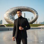 "Ultra-realistic cinematic portrait of a stylish man standing near the Museum of the Future in Dubai wearing a sleek black outfit under natural sunlight, with silver architectural reflections creating a modern futuristic vibe."
