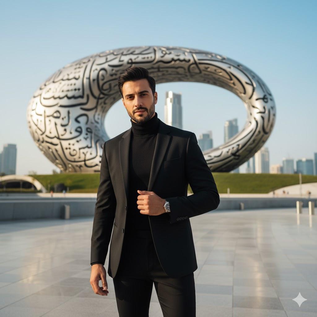 "Ultra-realistic cinematic portrait of a stylish man standing near the Museum of the Future in Dubai wearing a sleek black outfit under natural sunlight, with silver architectural reflections creating a modern futuristic vibe."