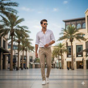 "Ultra-realistic 8K cinematic portrait of a stylish young man walking confidently through City Walk Dubai wearing beige chinos, white shirt, and sunglasses with luxury boutiques, palm trees, and Arabic-style architecture under a bright blue sky."