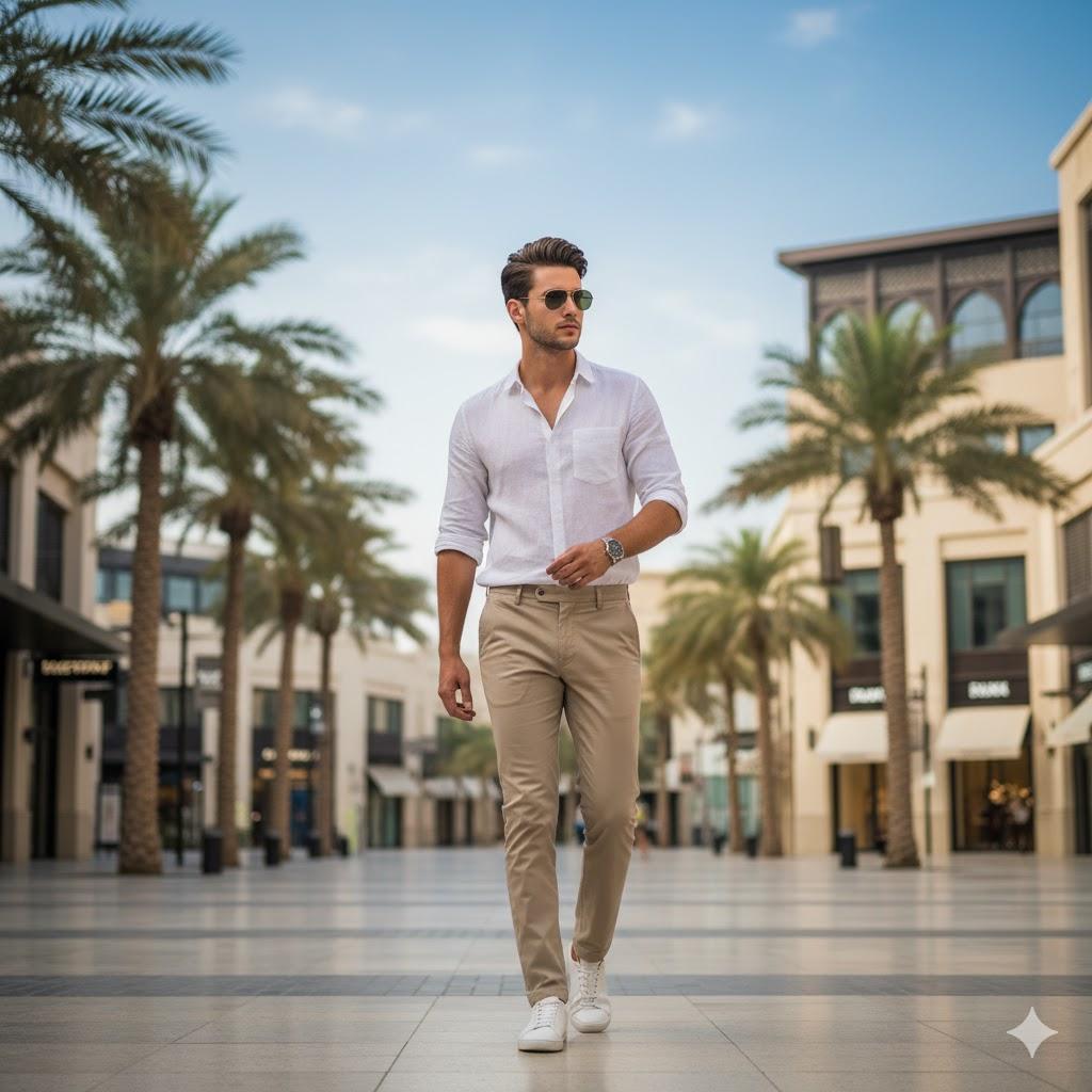 "Ultra-realistic 8K cinematic portrait of a stylish young man walking confidently through City Walk Dubai wearing beige chinos, white shirt, and sunglasses with luxury boutiques, palm trees, and Arabic-style architecture under a bright blue sky."