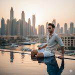"Ultra-realistic 12K cinematic portrait of a young man lounging by a rooftop infinity pool in Dubai Marina wearing white linen shorts, open shirt, and sunglasses, with sunset reflections on water, yachts, and skyline in the background."