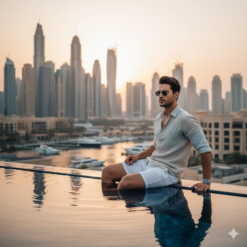 "Ultra-realistic 12K cinematic portrait of a young man lounging by a rooftop infinity pool in Dubai Marina wearing white linen shorts, open shirt, and sunglasses, with sunset reflections on water, yachts, and skyline in the background."