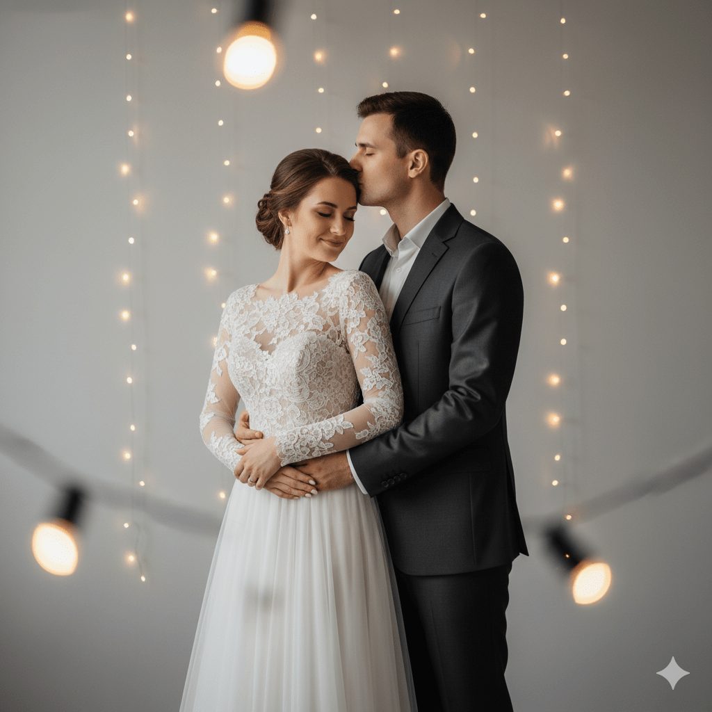 "Full-body pre-wedding portrait of a couple, girl in elegant flowing lace bridal-style dress smiling softly, boy in dark suit gently kissing her forehead, minimalistic warm background, capturing romance and intimacy."