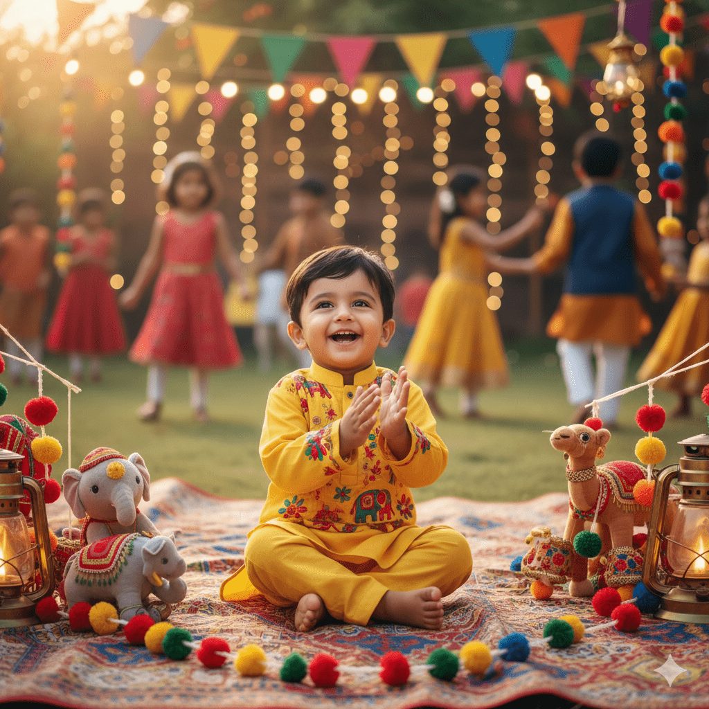 "Smiling baby boy in colorful kurta-pajama sitting on a mat, enjoying vibrant festival decorations and lights outdoors, surrounded by playful toys and other children."