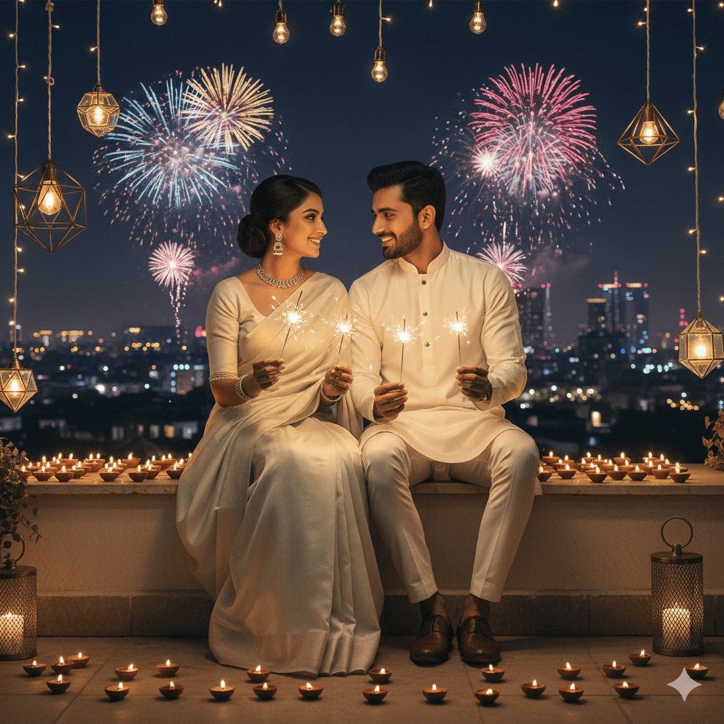A young couple sits on a rooftop ledge, surrounded by glowing sparklers and small diyas, celebrating Diwali. The woman wears a pastel saree with minimalistic jewelry, and the man is dressed in a crisp white kurta with tapered pants. Warm golden lighting casts soft shadows, emphasizing their connection and the modern elegance of the festive scene.