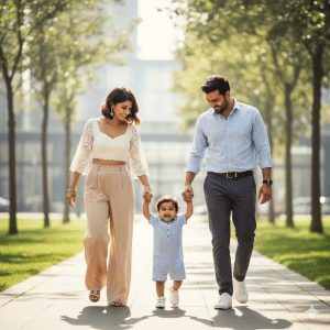 “Young modern Indian family with 2-year-old baby walking hand-in-hand with parents in a bright outdoor urban park, mother in contemporary dress, father in casual smart outfit, playful and joyful moment, natural sunlight, bonding and family love.”