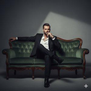 A stylish man wearing a black suit with an open white shirt sits confidently on a luxurious vintage sofa with carved wooden details. Cinematic lighting and soft shadows create a moody, elegant, and high-fashion editorial atmosphere.