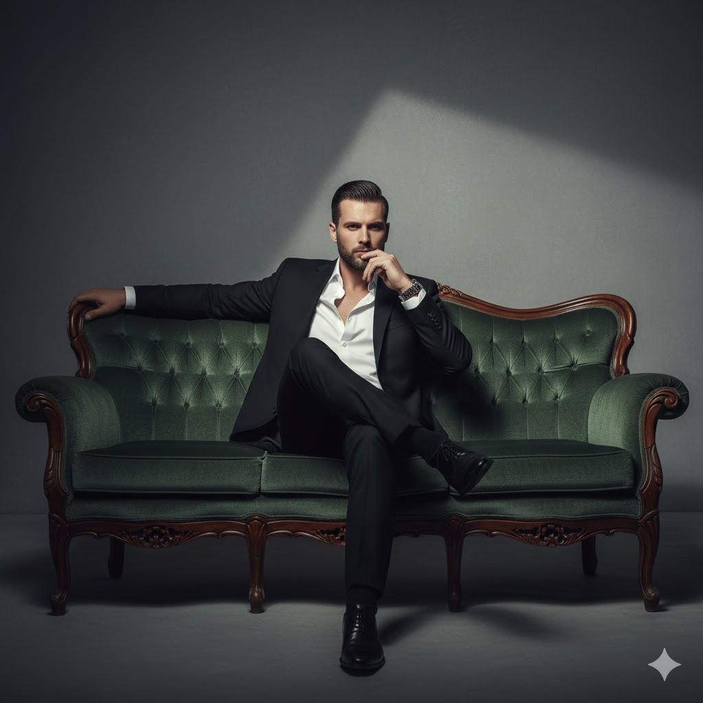A stylish man wearing a black suit with an open white shirt sits confidently on a luxurious vintage sofa with carved wooden details. Cinematic lighting and soft shadows create a moody, elegant, and high-fashion editorial atmosphere.