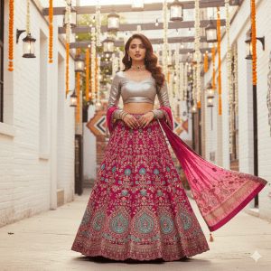 Stylish Indian model posing confidently in a vibrant urban setting, wearing a fusion outfit combining an intricately embroidered traditional lehenga with a modern crop top. The look is accessorized minimally, with soft natural lighting highlighting the rich colors and textures. Subtle traditional elements like hanging lanterns and floral decorations enhance the chic backdrop.
