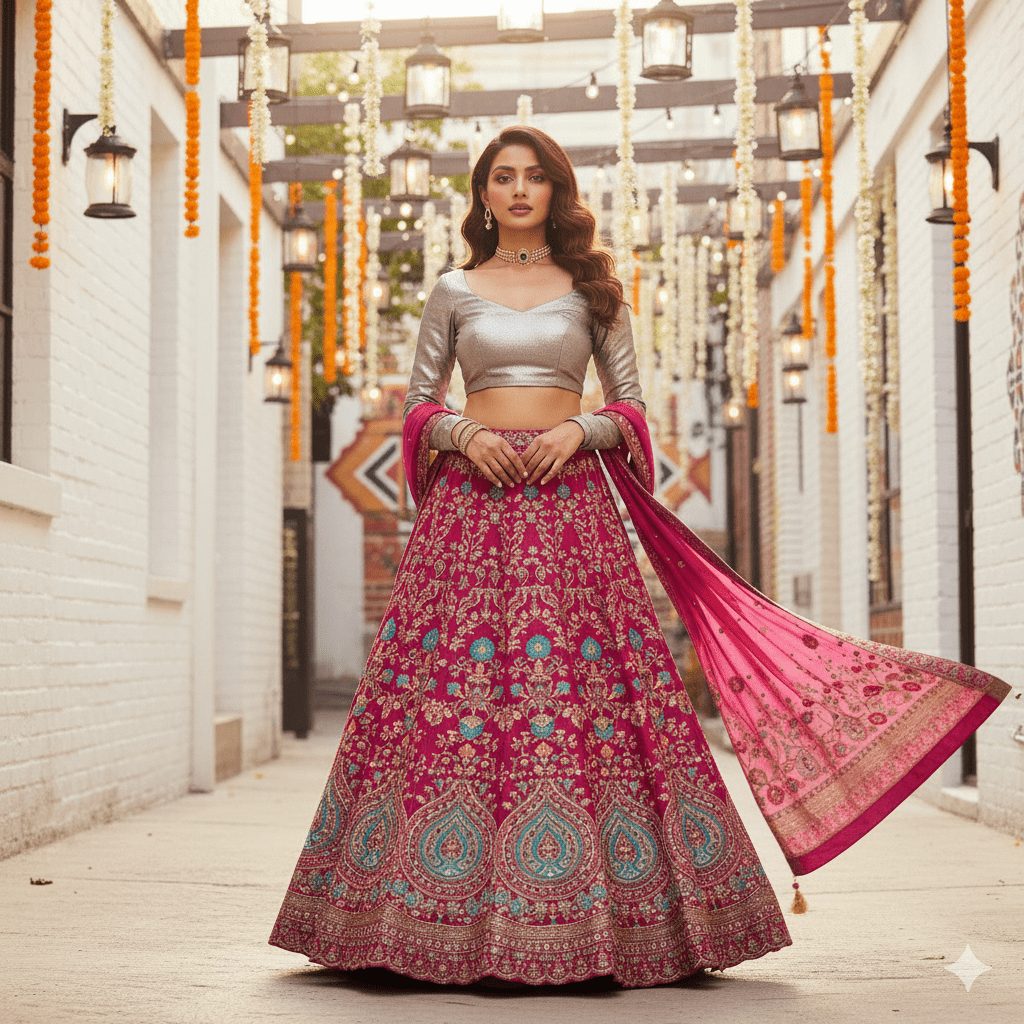 Stylish Indian model posing confidently in a vibrant urban setting, wearing a fusion outfit combining an intricately embroidered traditional lehenga with a modern crop top. The look is accessorized minimally, with soft natural lighting highlighting the rich colors and textures. Subtle traditional elements like hanging lanterns and floral decorations enhance the chic backdrop.
