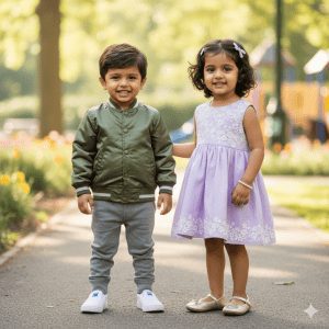 "Stylish Indian toddler boy in bomber jacket and joggers with toddler girl in pastel chic dress, standing outdoors with playful expressions."