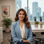 "A confident young businesswoman in a light blue blazer sitting in a modern office, smiling professionally with a cityscape in the background."
